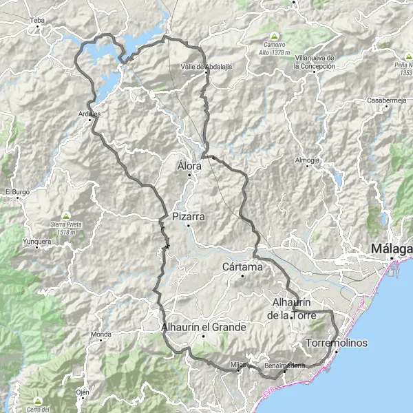 Miniatura della mappa di ispirazione al ciclismo "Da Benalmádena al Valle de Abdalajís" nella regione di Andalucía, Spain. Generata da Tarmacs.app, pianificatore di rotte ciclistiche