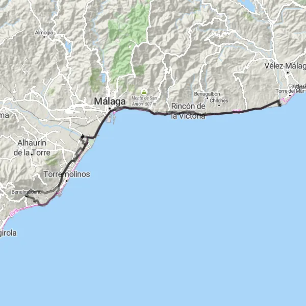 Miniatura della mappa di ispirazione al ciclismo "Da Benalmádena al Castillo del Marqués" nella regione di Andalucía, Spain. Generata da Tarmacs.app, pianificatore di rotte ciclistiche