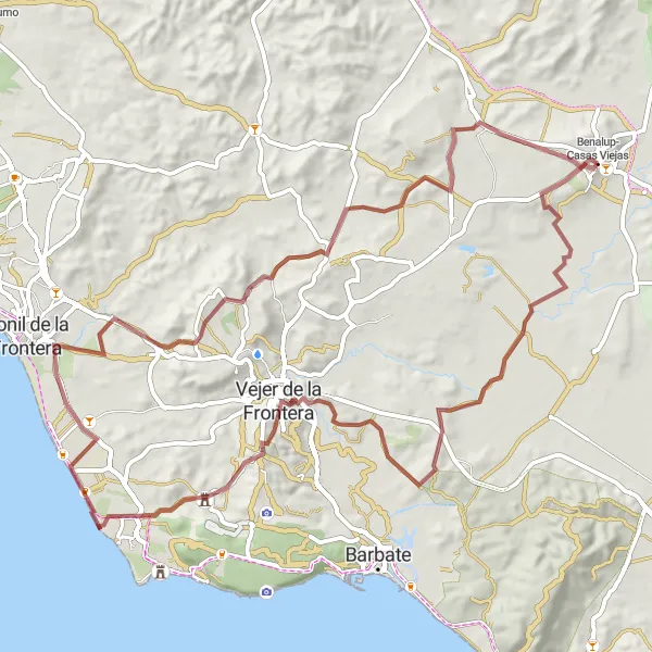 Miniaturní mapa "Gravel trasa s výhledy kolem Benalup-Casas Viejas" inspirace pro cyklisty v oblasti Andalucía, Spain. Vytvořeno pomocí plánovače tras Tarmacs.app