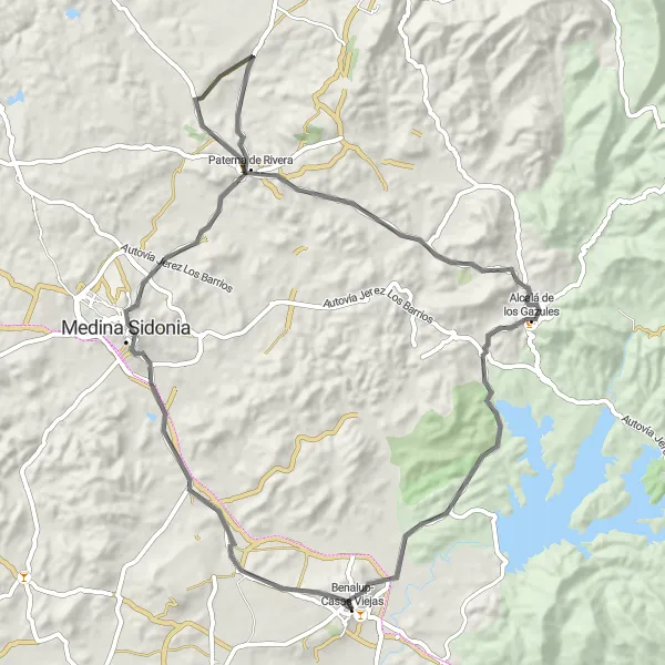 Map miniature of "Benalup-Casas Viejas to Paterna de Rivera Loop" cycling inspiration in Andalucía, Spain. Generated by Tarmacs.app cycling route planner