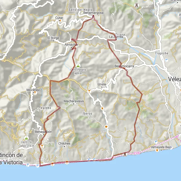 Miniatura mapy "Trasa gravelowa: Benamargosa - Torre de Benagalbón - Almáchar" - trasy rowerowej w Andalucía, Spain. Wygenerowane przez planer tras rowerowych Tarmacs.app