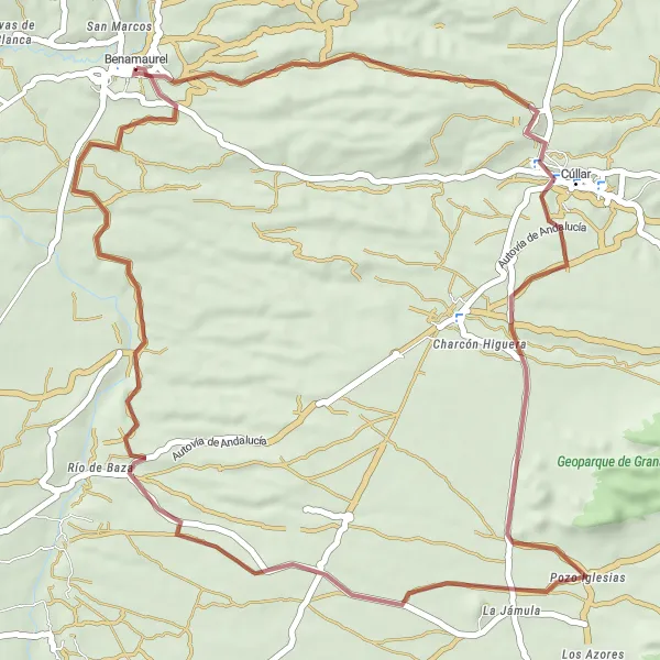 Karten-Miniaturansicht der Radinspiration "Erkundungstour durch die Natur um Benamaurel" in Andalucía, Spain. Erstellt vom Tarmacs.app-Routenplaner für Radtouren