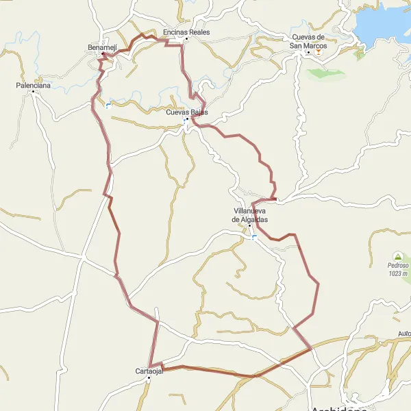 Map miniature of "Benamejí - Cartaojal Gravel Adventure" cycling inspiration in Andalucía, Spain. Generated by Tarmacs.app cycling route planner