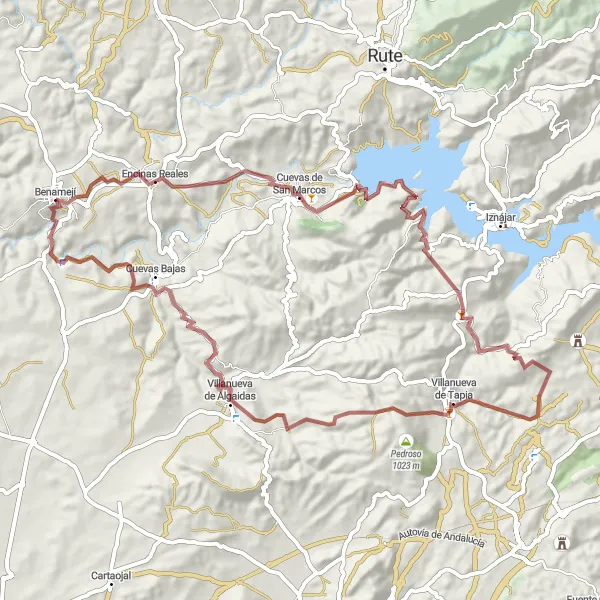Miniatura della mappa di ispirazione al ciclismo "Avventuroso Tour Gravel da Benamejí" nella regione di Andalucía, Spain. Generata da Tarmacs.app, pianificatore di rotte ciclistiche