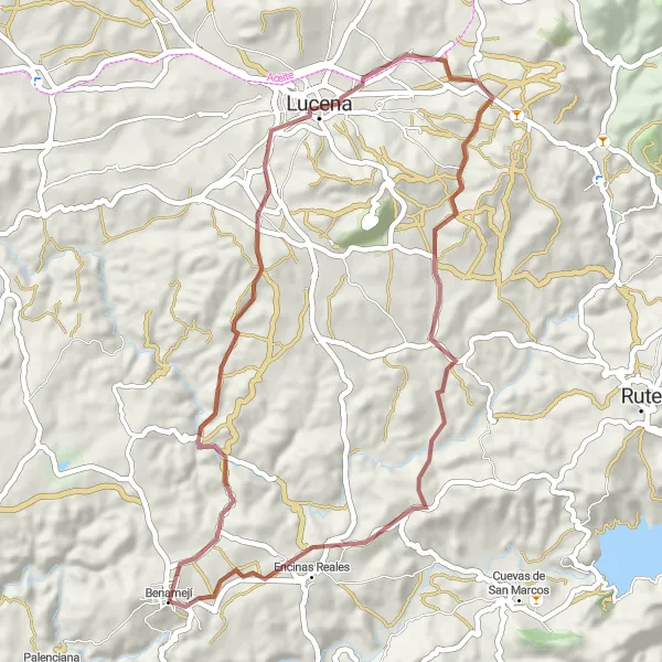 Miniatura della mappa di ispirazione al ciclismo "Avventurosa ciclabile da Benamejí a Lucena" nella regione di Andalucía, Spain. Generata da Tarmacs.app, pianificatore di rotte ciclistiche