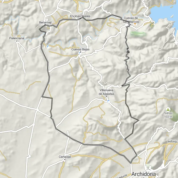 Miniaturní mapa "Jízda okolo Benamejí po silnici" inspirace pro cyklisty v oblasti Andalucía, Spain. Vytvořeno pomocí plánovače tras Tarmacs.app