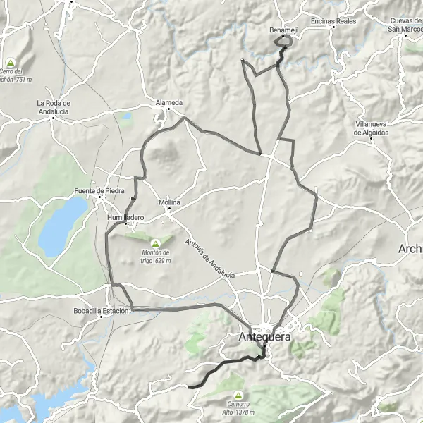Karten-Miniaturansicht der Radinspiration "Die lange Strecke nach Benamejí" in Andalucía, Spain. Erstellt vom Tarmacs.app-Routenplaner für Radtouren