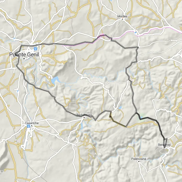 Miniatua del mapa de inspiración ciclista "Ruta de Benamejí a Puente Genil" en Andalucía, Spain. Generado por Tarmacs.app planificador de rutas ciclistas