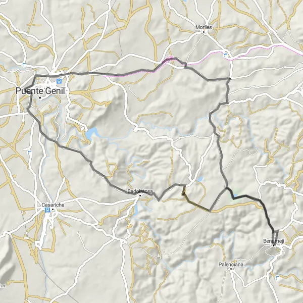 Miniatuurkaart van de fietsinspiratie "Toer rond Benamejí via Badolatosa en Puente Genil" in Andalucía, Spain. Gemaakt door de Tarmacs.app fietsrouteplanner