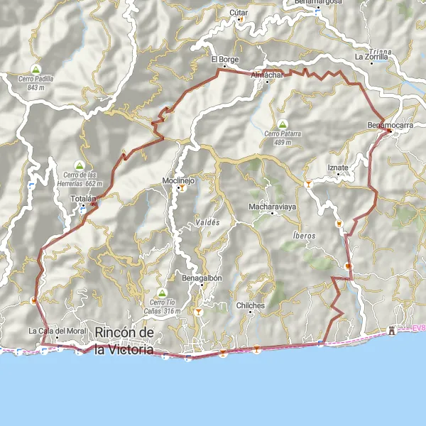 Miniatura della mappa di ispirazione al ciclismo "Giro in bici su sterrato da Benamocarra" nella regione di Andalucía, Spain. Generata da Tarmacs.app, pianificatore di rotte ciclistiche