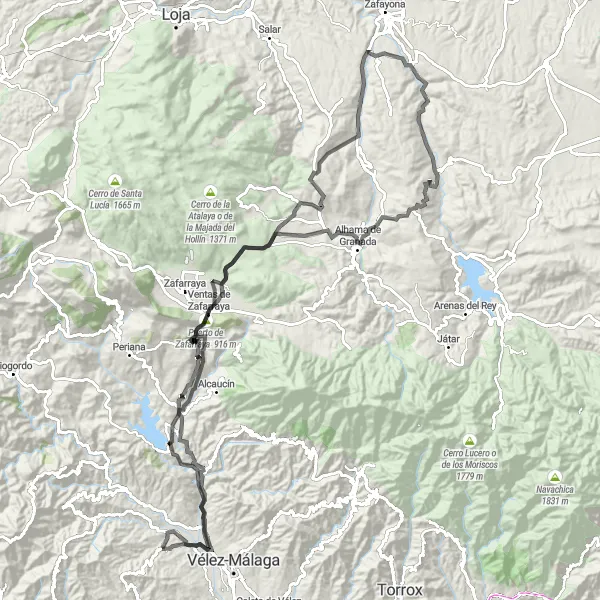 Miniatuurkaart van de fietsinspiratie "Bergachtige Road Trip van Benamocarra" in Andalucía, Spain. Gemaakt door de Tarmacs.app fietsrouteplanner