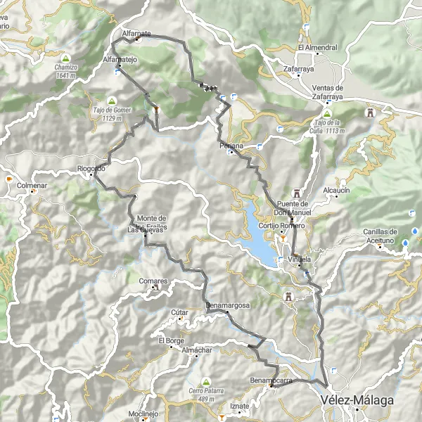 Miniatura della mappa di ispirazione al ciclismo "Circuito in bicicletta da Benamocarra ad Alfarnatejo" nella regione di Andalucía, Spain. Generata da Tarmacs.app, pianificatore di rotte ciclistiche