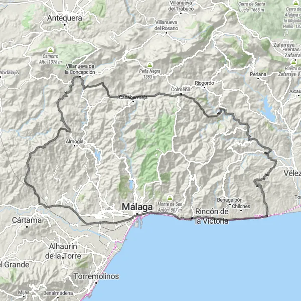 Miniatura della mappa di ispirazione al ciclismo "Tour panoramico da Benamocarra a Villanueva de la Concepción" nella regione di Andalucía, Spain. Generata da Tarmacs.app, pianificatore di rotte ciclistiche