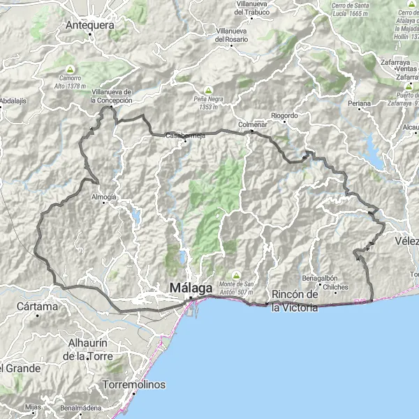 Miniatuurkaart van de fietsinspiratie "Wegroute Benamocarra - Villanueva de la Concepción" in Andalucía, Spain. Gemaakt door de Tarmacs.app fietsrouteplanner