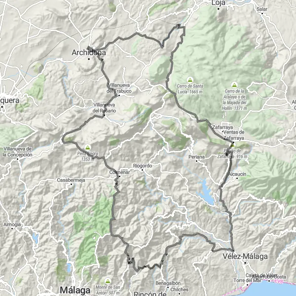 Miniatua del mapa de inspiración ciclista "Ruta Benamocarra - Puerto de Zafarraya" en Andalucía, Spain. Generado por Tarmacs.app planificador de rutas ciclistas