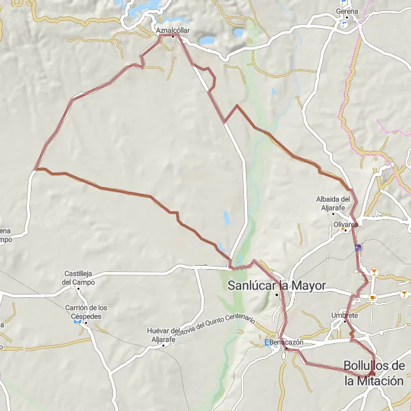 Miniatura mapy "Trasa gravelowa o długości 72 km w pobliżu Bollullos de la Mitación" - trasy rowerowej w Andalucía, Spain. Wygenerowane przez planer tras rowerowych Tarmacs.app
