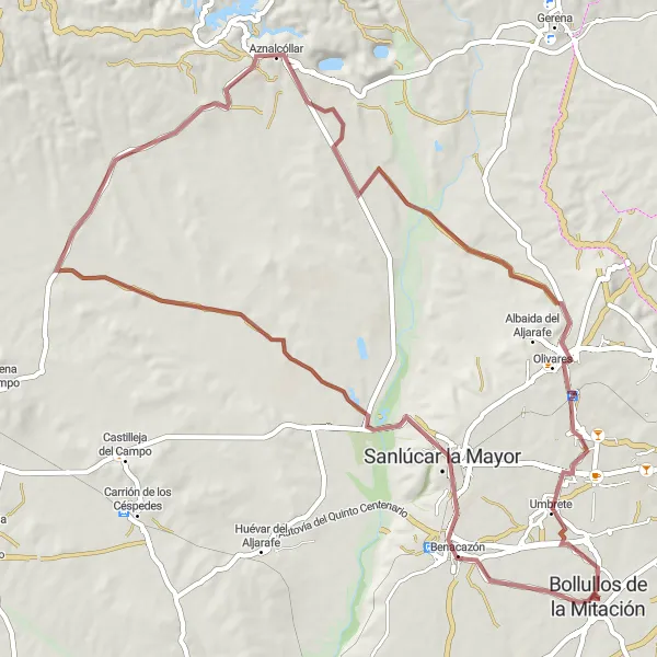 Miniatura della mappa di ispirazione al ciclismo "Tour in bicicletta attraverso la campagna" nella regione di Andalucía, Spain. Generata da Tarmacs.app, pianificatore di rotte ciclistiche