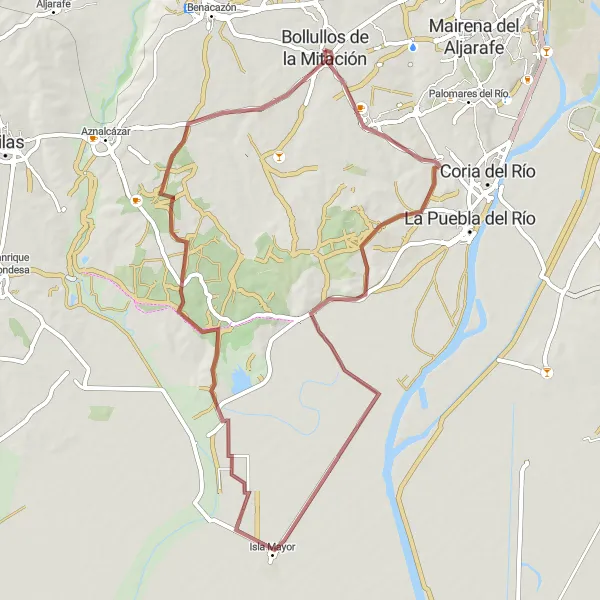 Miniatura mapy "Trasa gravelowa o długości 66 km w pobliżu Bollullos de la Mitación" - trasy rowerowej w Andalucía, Spain. Wygenerowane przez planer tras rowerowych Tarmacs.app