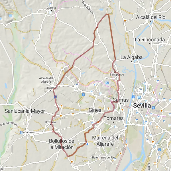 Miniatura mapy "Trasa gravelowa o długości 60 km w pobliżu Bollullos de la Mitación" - trasy rowerowej w Andalucía, Spain. Wygenerowane przez planer tras rowerowych Tarmacs.app