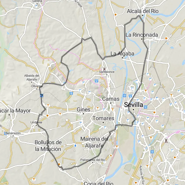 Miniatura della mappa di ispirazione al ciclismo "Giro panoramico da Bollullos de la Mitación a Palomares del Río" nella regione di Andalucía, Spain. Generata da Tarmacs.app, pianificatore di rotte ciclistiche
