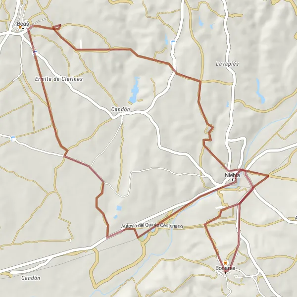 Miniature de la carte de l'inspiration cycliste "La route bucolique de Beas" dans la Andalucía, Spain. Générée par le planificateur d'itinéraire cycliste Tarmacs.app