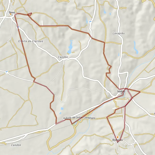 Map miniature of "Bonares - Beas Gravel Route" cycling inspiration in Andalucía, Spain. Generated by Tarmacs.app cycling route planner