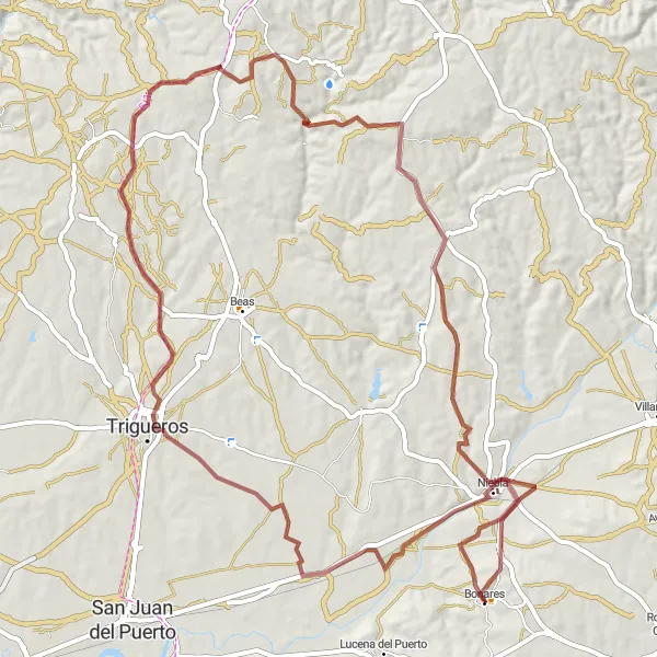 Miniaturní mapa "Gravelová okružní cyklistická trasa Castillo de Niebla - Trigueros - Bonares" inspirace pro cyklisty v oblasti Andalucía, Spain. Vytvořeno pomocí plánovače tras Tarmacs.app