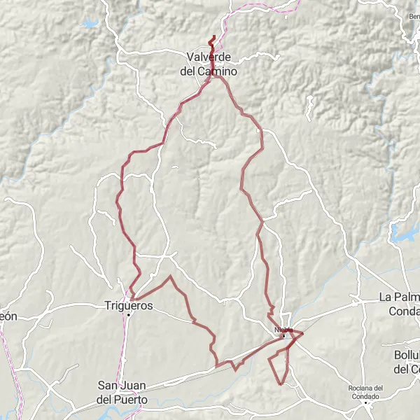 Miniature de la carte de l'inspiration cycliste "Le tour historique de Valverde del Camino" dans la Andalucía, Spain. Générée par le planificateur d'itinéraire cycliste Tarmacs.app