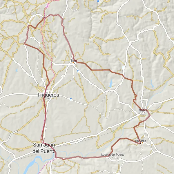 Map miniature of "Bonares - Lucena del Puerto Gravel Route" cycling inspiration in Andalucía, Spain. Generated by Tarmacs.app cycling route planner