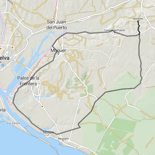 Miniatura della mappa di ispirazione al ciclismo "Avventura ciclistica di 72 km tra Mazagón e Lucena del Puerto" nella regione di Andalucía, Spain. Generata da Tarmacs.app, pianificatore di rotte ciclistiche