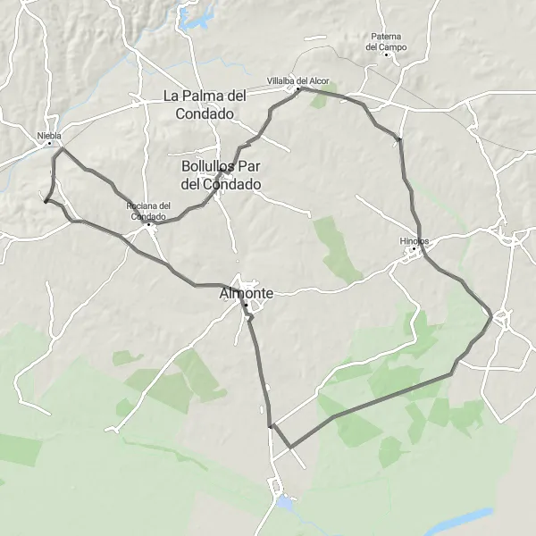 Miniatura della mappa di ispirazione al ciclismo "Tour di 102 km tra Rociana del Condado e Bonares" nella regione di Andalucía, Spain. Generata da Tarmacs.app, pianificatore di rotte ciclistiche