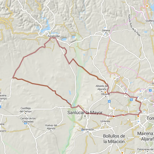 Miniaturní mapa "Gravelová Cyklotrasa Skrz Andaluskou Přírodu" inspirace pro cyklisty v oblasti Andalucía, Spain. Vytvořeno pomocí plánovače tras Tarmacs.app