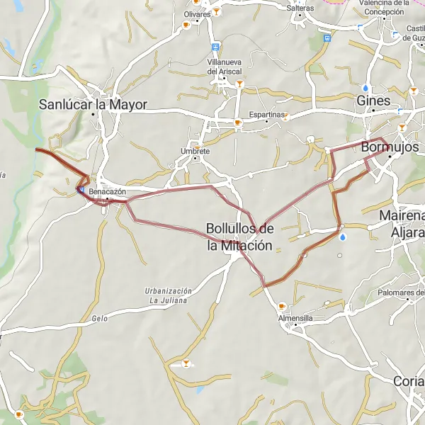 Miniatura della mappa di ispirazione al ciclismo "Giro in bicicletta su sterrato intorno a Bormujos" nella regione di Andalucía, Spain. Generata da Tarmacs.app, pianificatore di rotte ciclistiche