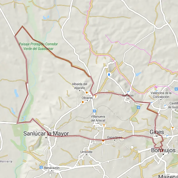Miniatura della mappa di ispirazione al ciclismo "Rotta in Gravel tra Gines e Bormujos" nella regione di Andalucía, Spain. Generata da Tarmacs.app, pianificatore di rotte ciclistiche