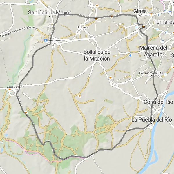Miniatura mapy "Trasa do La Puebla del Río, Cañada de los Pajaros, Aznalcázar, Espartinas i Bormujos" - trasy rowerowej w Andalucía, Spain. Wygenerowane przez planer tras rowerowych Tarmacs.app