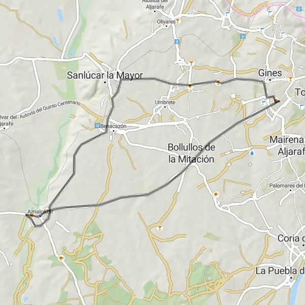 Miniatura mapy "Trasa przez Bollullos de la Mitación, Aznalcázar, Benacazón do Bormujos" - trasy rowerowej w Andalucía, Spain. Wygenerowane przez planer tras rowerowych Tarmacs.app