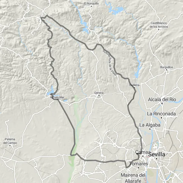 Miniaturní mapa "Road route naar Espartinas" inspirace pro cyklisty v oblasti Andalucía, Spain. Vytvořeno pomocí plánovače tras Tarmacs.app
