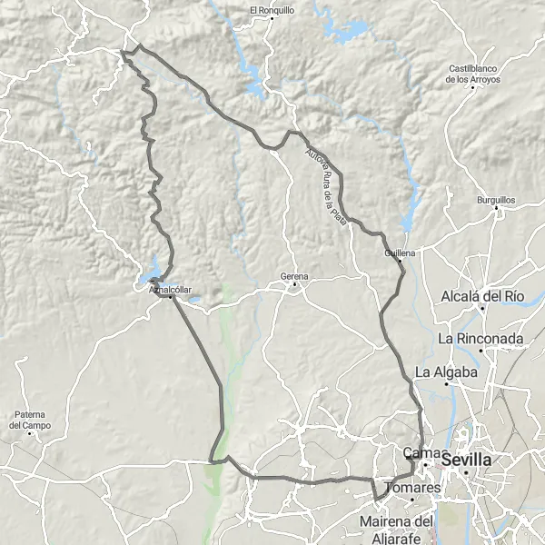 Miniatuurkaart van de fietsinspiratie "Rondrit van Espartinas naar Bormujos" in Andalucía, Spain. Gemaakt door de Tarmacs.app fietsrouteplanner