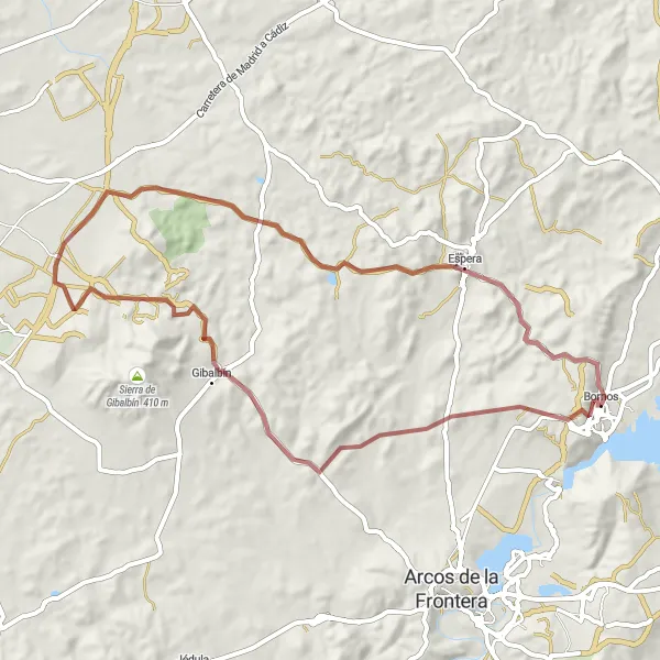 Miniatura della mappa di ispirazione al ciclismo "Avventura in bicicletta tra Palacio de Ribera ed Espera" nella regione di Andalucía, Spain. Generata da Tarmacs.app, pianificatore di rotte ciclistiche