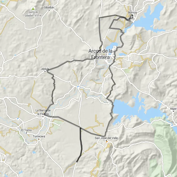 Miniatura della mappa di ispirazione al ciclismo "Giro in bici a Bornos e dintorni" nella regione di Andalucía, Spain. Generata da Tarmacs.app, pianificatore di rotte ciclistiche