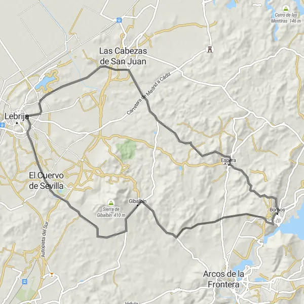 Miniatua del mapa de inspiración ciclista "Ruta desde el Palacio de Ribera a Bornos" en Andalucía, Spain. Generado por Tarmacs.app planificador de rutas ciclistas