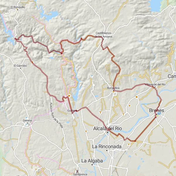 Map miniature of "Alcalá del Río-Guillena-Las Pajanosas-Castilblanco de los Arroyos-Burguillos-Brenes Gravel Adventure" cycling inspiration in Andalucía, Spain. Generated by Tarmacs.app cycling route planner