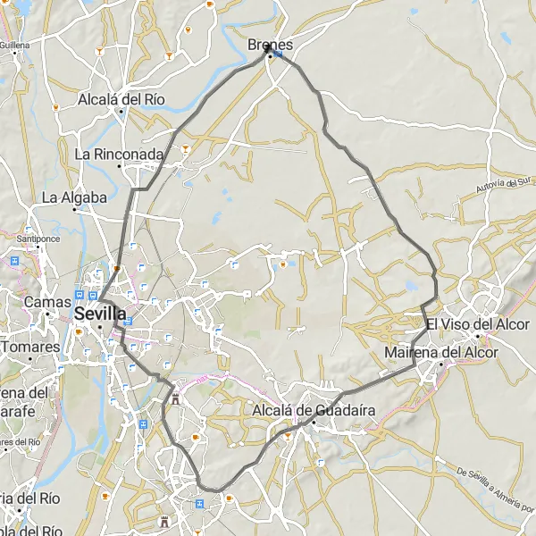 Map miniature of "Brenes to Alcalá de Guadaíra Loop" cycling inspiration in Andalucía, Spain. Generated by Tarmacs.app cycling route planner