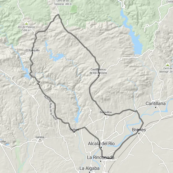 Map miniature of "Alcalá del Río-Guillena-Burguillos Road Route" cycling inspiration in Andalucía, Spain. Generated by Tarmacs.app cycling route planner