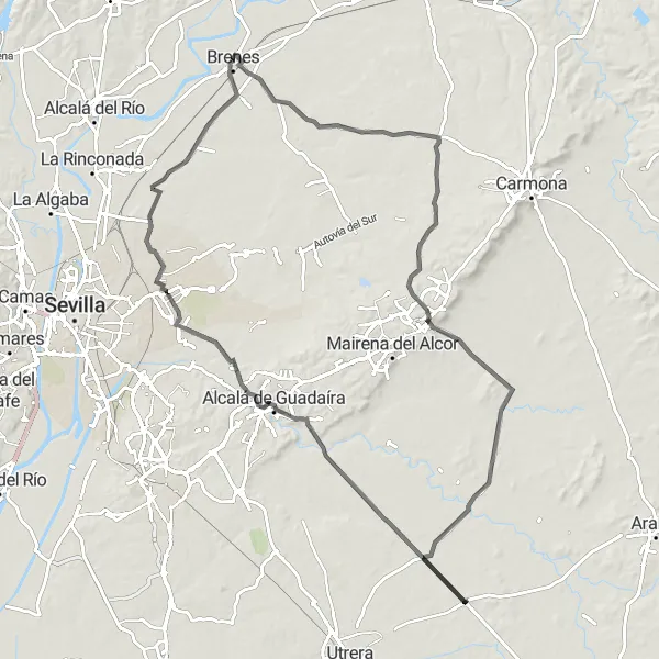 Miniaturní mapa "Jízda kolem Brenes do El Viso del Alcor a Castillo de Marchenilla" inspirace pro cyklisty v oblasti Andalucía, Spain. Vytvořeno pomocí plánovače tras Tarmacs.app