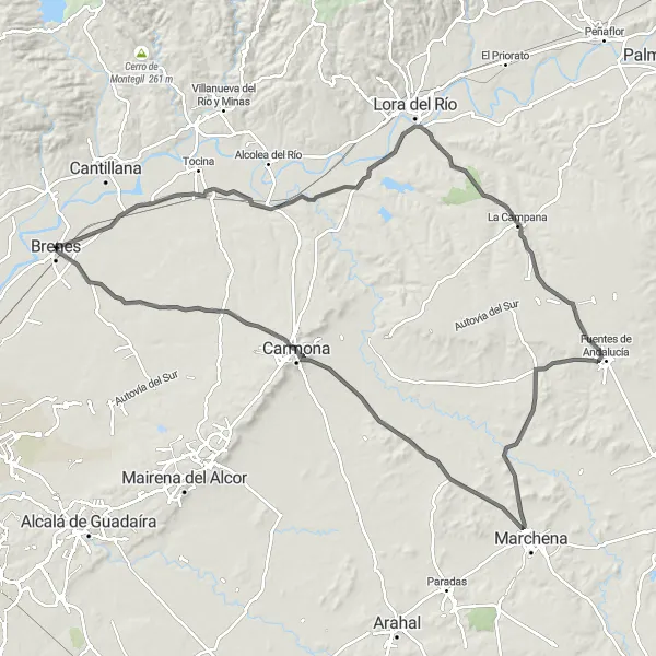 Miniaturní mapa "Silniční cesta od Brenes přes La Campana a Fuentes de Andalucía" inspirace pro cyklisty v oblasti Andalucía, Spain. Vytvořeno pomocí plánovače tras Tarmacs.app