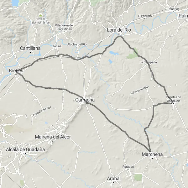 Map miniature of "La Campana and Fuentes de Andalucía Circuit" cycling inspiration in Andalucía, Spain. Generated by Tarmacs.app cycling route planner