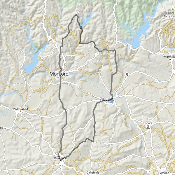 Map miniature of "Road Cycling through Castle and Southern Charm" cycling inspiration in Andalucía, Spain. Generated by Tarmacs.app cycling route planner