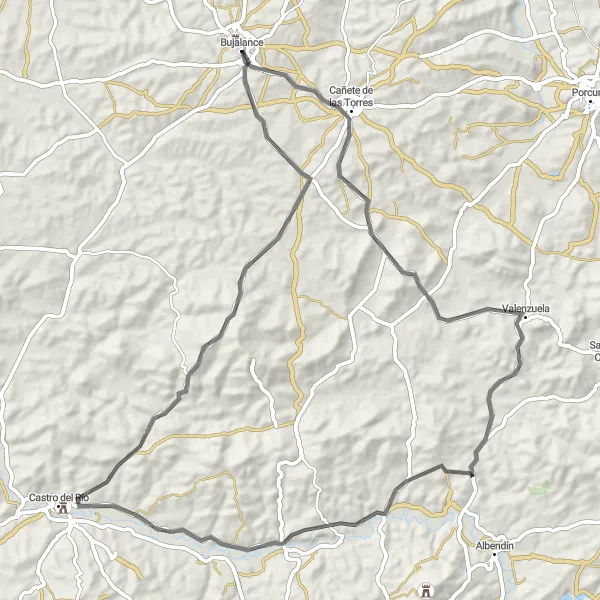 Miniatura della mappa di ispirazione al ciclismo "Giro in bicicletta da Bujalance a Castillo de Castro del Rio" nella regione di Andalucía, Spain. Generata da Tarmacs.app, pianificatore di rotte ciclistiche