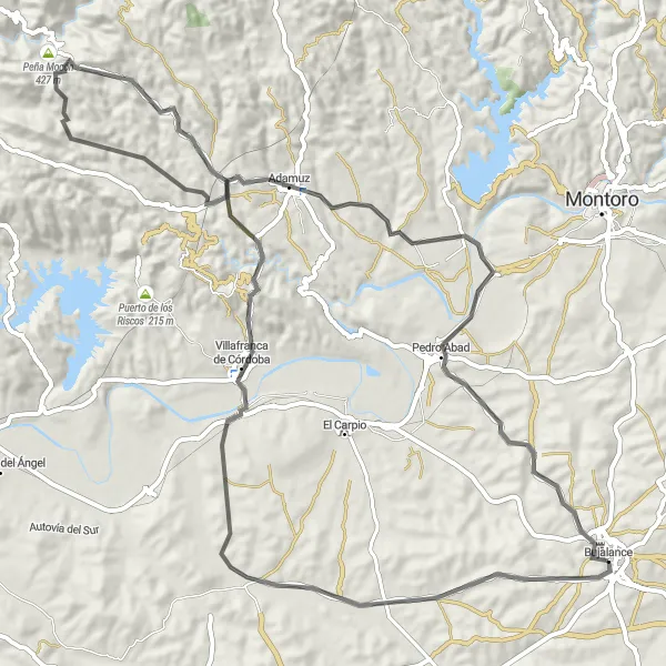 Miniatura della mappa di ispirazione al ciclismo "Giro in bicicletta attraverso Villafranca de Córdoba e Adamuz" nella regione di Andalucía, Spain. Generata da Tarmacs.app, pianificatore di rotte ciclistiche